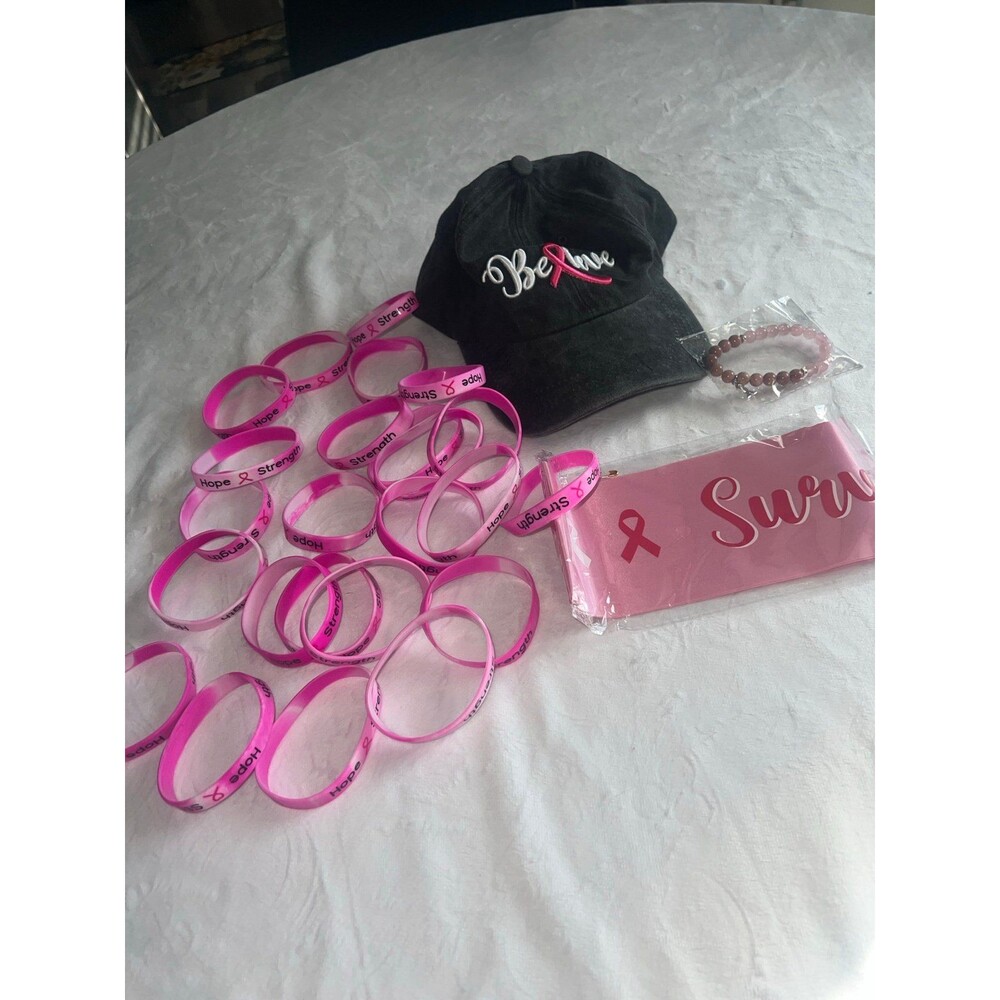Cancer survivor bundle - 24 plastic bracelets, sash, bead bracelet & hat